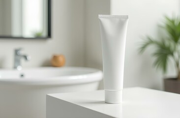 Mockup of white cosmetics cream tube without labels in bathroom