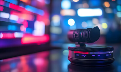 Studio microphone, colorful backdrop, broadcast, live