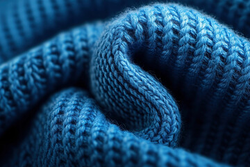 Close-up of blue knitted wool fabric, showcasing intricate knit, stitch, and texture detail. Perfect for cozy winter fashion and handcrafted designs.