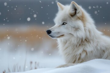 Obraz premium arctic wolf in snowy tundra intense gaze pristine white fur catching northern lights mystical winter atmosphere