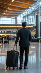 Business traveler navigates through a modern airport terminal with a suitcase in hand during the early evening rush hour