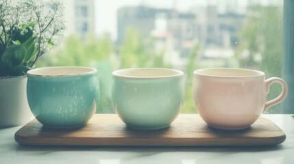 Pastel Cups on Wooden Tray Near Window