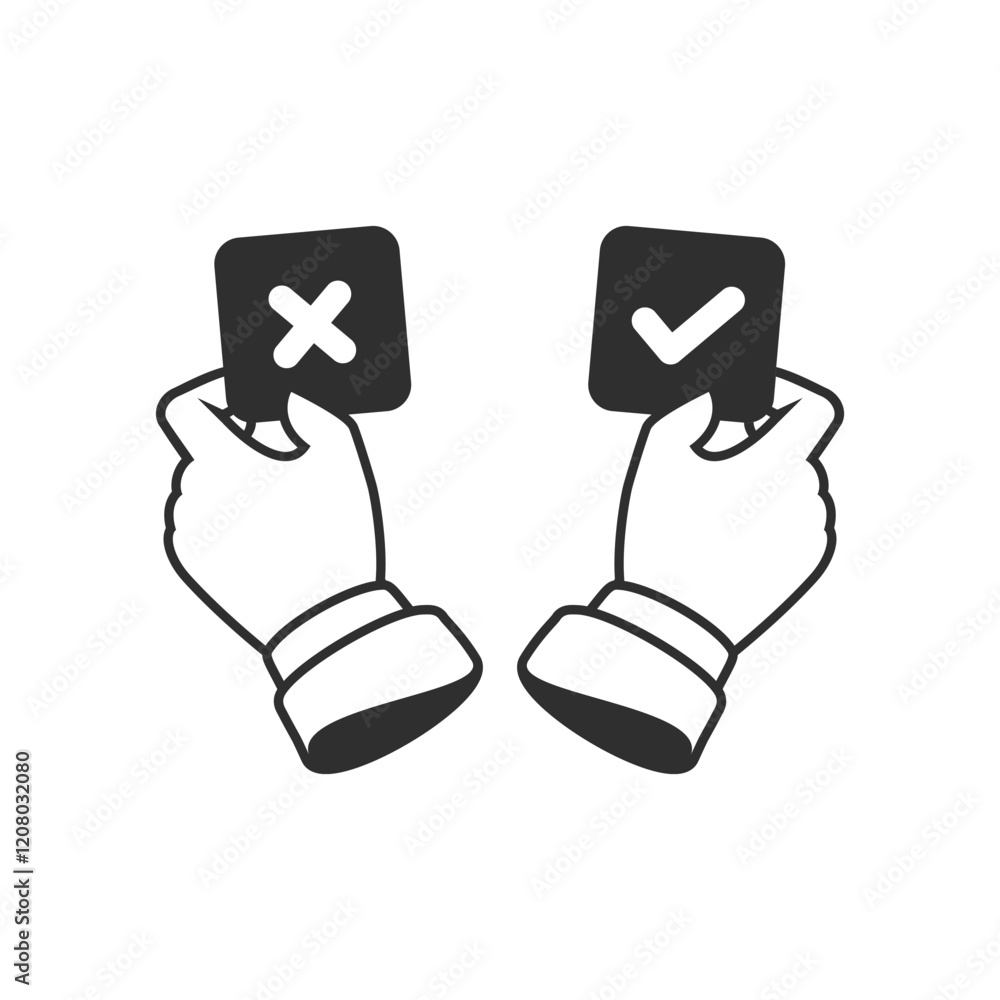 Poster hands pointing vote yes or no sign. simple check mark icons set isolated on white background. tick a