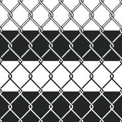 Seamless chain link fence background. Fences made of metal wire mesh. Wired Fence pattern in different styles. Mesh-netting.