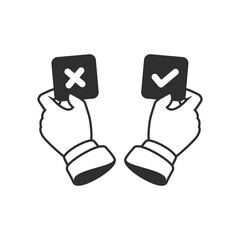 Hands pointing vote yes or no sign. Simple check mark icons set isolated on white background. Tick and cross check marks buttons in flat style.