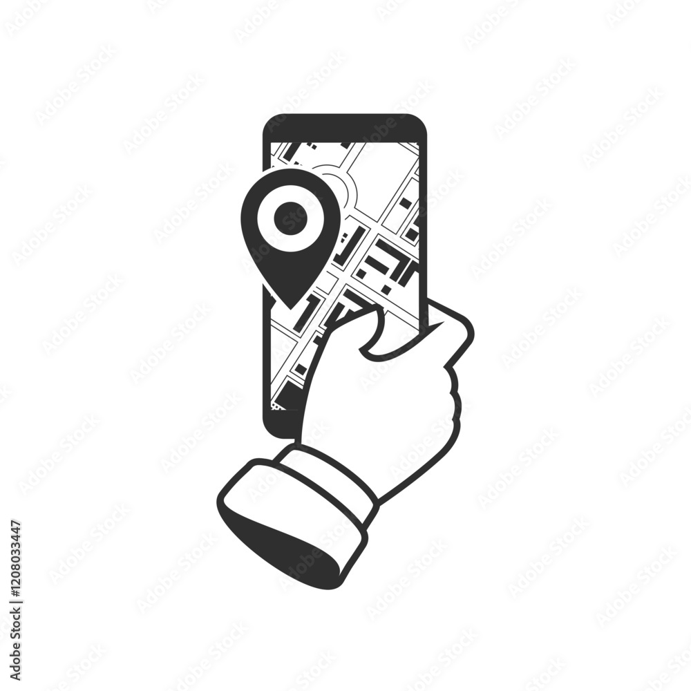 Poster mobile navigation or maps app icon. smartphone with map on screen and red gps dot, isolated on a whi