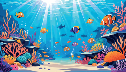 Naklejka premium Vibrant Coral Reef with Tropical Fish Under Sunlit Ocean