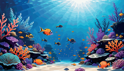 Vibrant Coral Reef with Tropical Fish Under Sunlit Ocean