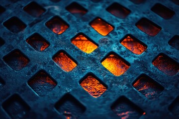 Glowing embers viewed through a dark, textured metal grate.