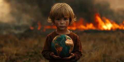 Fototapeta premium Child Holding Earth Globe Surrounded by Fire and Smoke