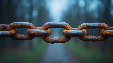 Fototapeta premium Rusty Chain. Close-up view of a rusty chain, showing texture and detail, with a blurred forest path in the background. The image evokes a sense of strength, resilience, and the passage of time.