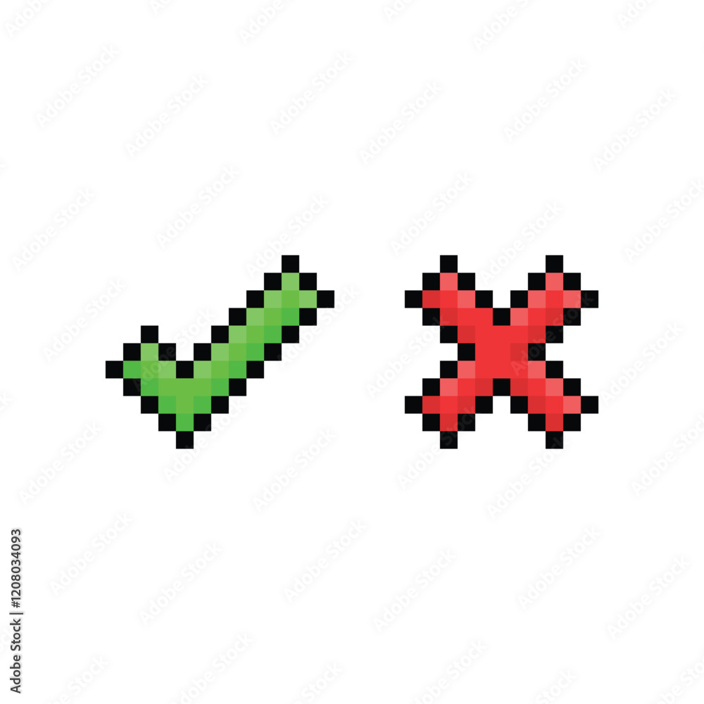 Aufkleber pixel checkmark icons set isolated on white background. green tick and red cross checkmarks buttons 