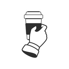 Paper cup of coffee in businessman hand. Man holds a disposable plastic glass of hot drink. Coffee to go concept.