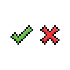 Pixel checkmark icons set isolated on white background. Green tick and red cross checkmarks buttons in flat style. Yes or No confirm or reject signs.