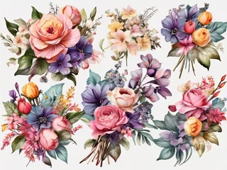 Gordijnen Colorful Beautiful watercolor bouquets of flowers And floral Flowers frame painting elements illustration Design Bundle © NAJMUR NAHAR