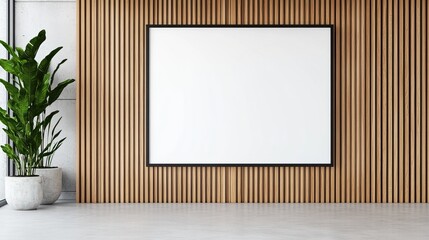 Minimalist interior featuring a blank framed canvas against a wooden wall with a plant in a pot.