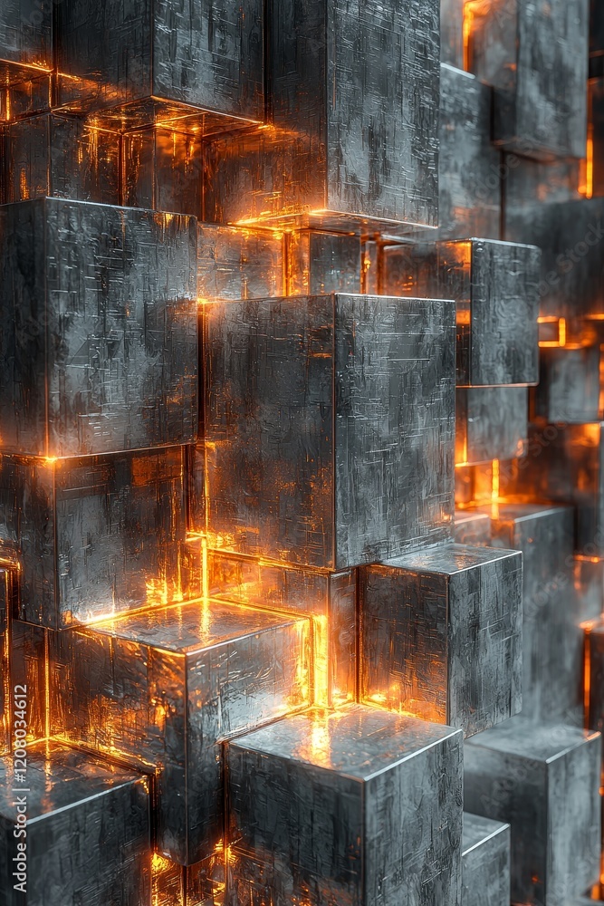 Poster Illuminated cubic structures abstract art installation modern gallery industrial environment close-up view visual impact