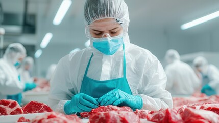Worker in Protective Gear Inspecting Raw Meat in Processing Facility