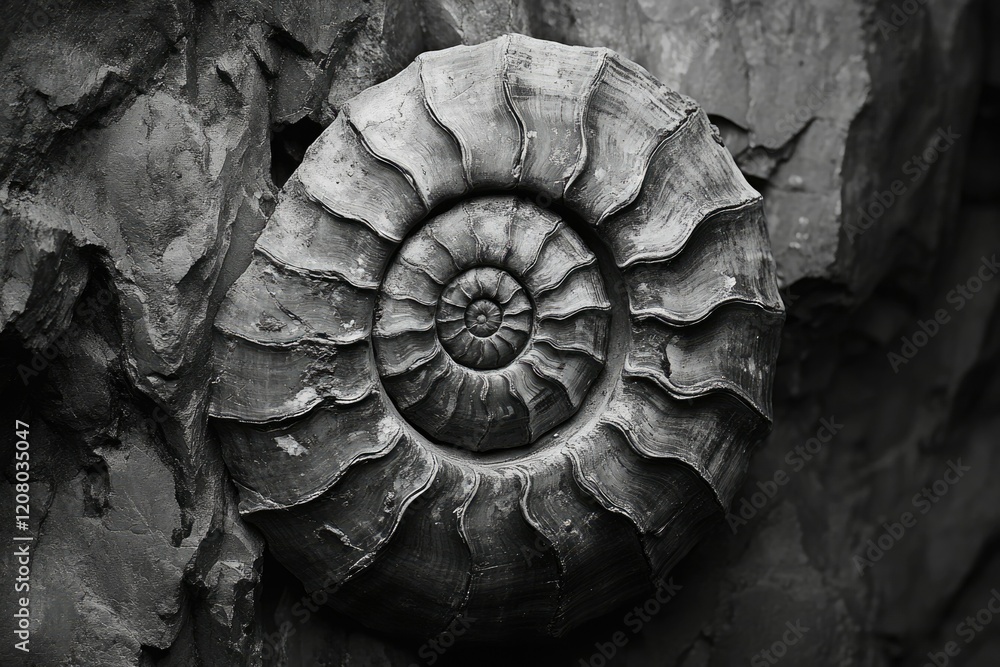 Poster a grayscale close-up of an ammonite fossil embedded in dark rock, showcasing intricate spiral detail