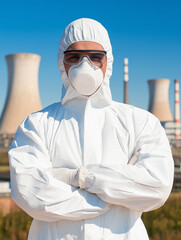 Fototapeta premium Nuclear Plant Technician: A portrait of a confident technician in a sterile white protective suit, respirator.
