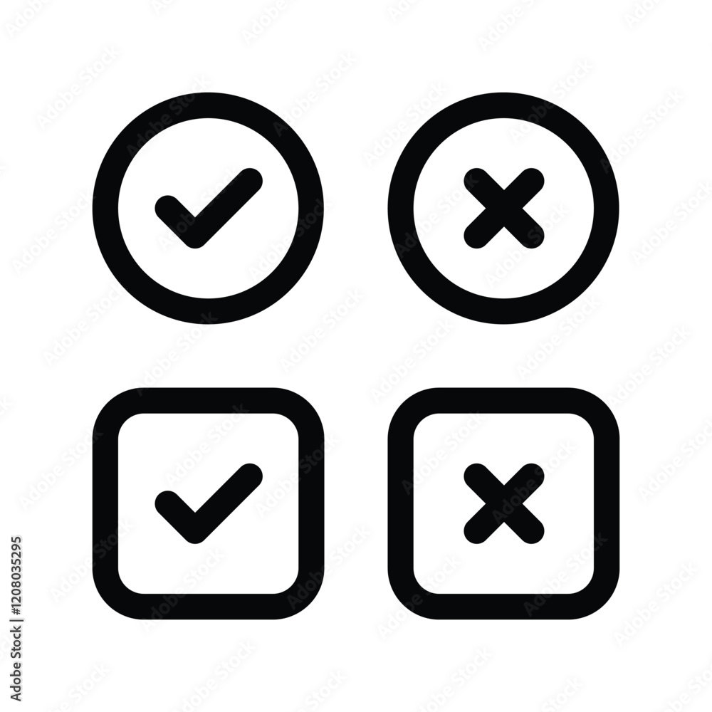 Poster simple check mark icons set isolated on white background. tick and cross check marks buttons in flat