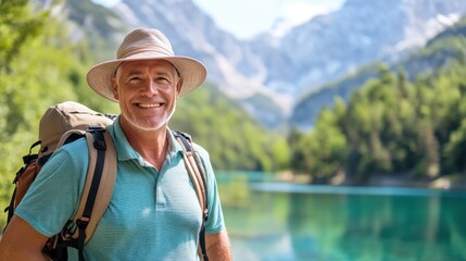 Smiling senior hiker enjoying a mountain lake adventure