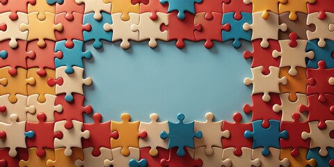 Colorful Puzzle Pieces Forming a Frame with Blank Space