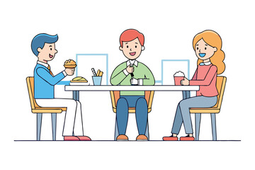 An office lunch break, three colleagues sit at a cafeteria table vector art illustration.eps