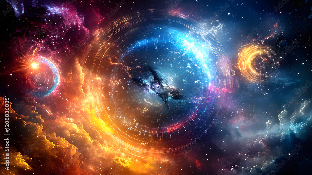 Poster a surreal scene of space-time warping in vibrant hues, with concentric circles and light rays radiat
