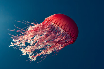 A beautiful pink jellyfish floating in the deep blue sea.