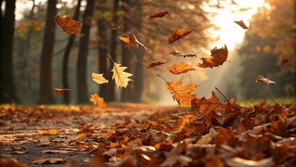 Autumn Leaves in Motion Golden Hour Composition, Falling Leaves, Nature Photography, Fall Foliage, Autumnal Scene Autumn, Fall Photography
