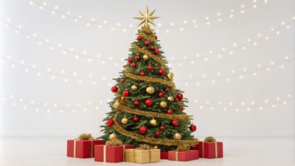 Obraz premium Christmas Tree with Red and Gold Ornaments, String Lights, Gifts Festive Holiday Decor, Christmas tree, Holiday lighting