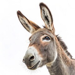 Close-up Donkey Portrait Brown Fur, White Background, Happy Expression, Animal Photography Donkey, Equine