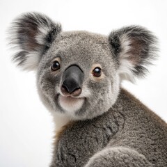 Naklejka premium Close-up Koala Portrait Soft Fur, Curious Gaze, White Background, Wildlife Photography, Australian Fauna Koala, Wildlife
