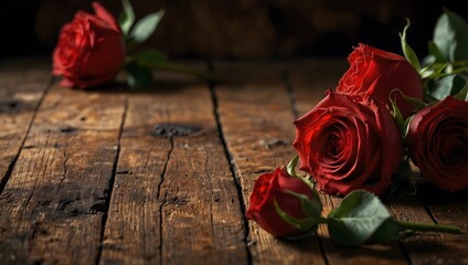 Four red roses lay on a rustic wooden surface. The image conveys romance and beauty, ideal for a Valentine's Day themed content.