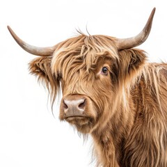 Highland Cow Portrait Close-up Composition, Fluffy Brown Fur, Majestic Animal, White Background Highland Cattle, Scottish Cow