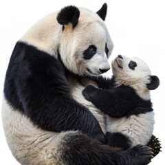 Obraz premium Mother Panda and Cub Close-Up Portrait, White Background, Tenderness, Wildlife Photography Panda, Wildlife