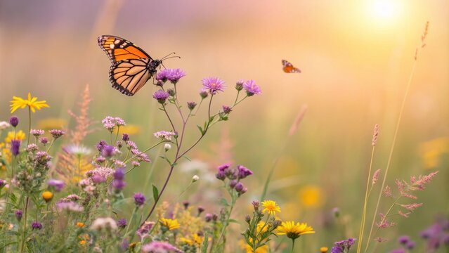 Monarch Butterfly on Wildflowers at Sunset, Golden Hour Photography, Nature Scene, Insect, Flower Nature Photography, Butterfly Photography