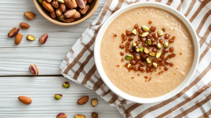 Fototapeta premium Delicious dessert made with nuts and served in a bowl on a striped cloth with additional nuts on the side