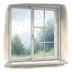Raindrops cascade down a cozy window overlooking a tranquil garden on a rainy afternoon