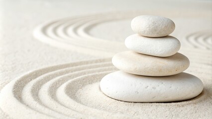 Stacked Stones on Sand Zen Garden, Calmness, White Pebbles, Composition, Serenity Zen garden, meditation
