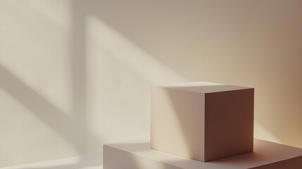 Beige cube on a platform with soft sunlight and shadows