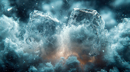 Fototapeta premium A close-up of ice cubes shattering into a cloud of frost and mist, captured in dramatic detail