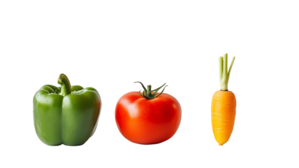 Fresh green bell pepper, red tomato, and orange carrot isolated on a transparent background
