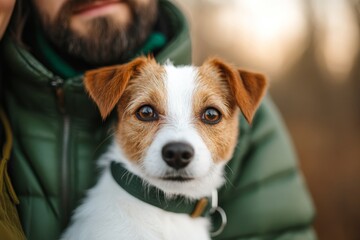 Dog enjoys a warm embrace from its owner in a serene outdoor setting during golden hour