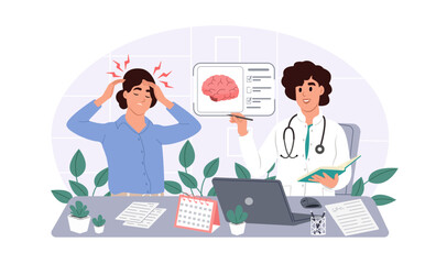 Patient with symptoms of epilepsy at a neurologist. Neurologist showing brain scan to patient. International Epilepsy Day. Vector illustration in flat style