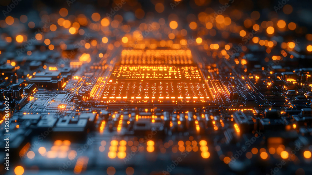 Poster high-tech computer chip with glowing orange circuits, symbolizing advanced computing