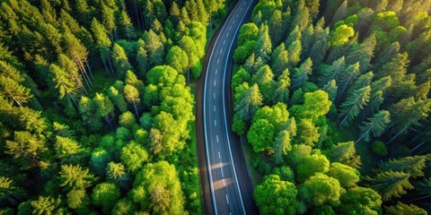 Overhead View of a Winding Road Through a Lush Green Forest Canopy