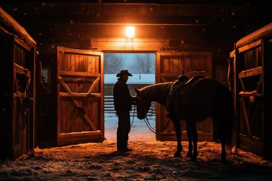 Cowboy feeding horse in barn during a snowy winter evening