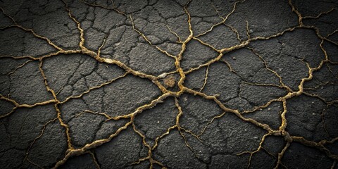 Abstract image of dark cracked earth with golden veins